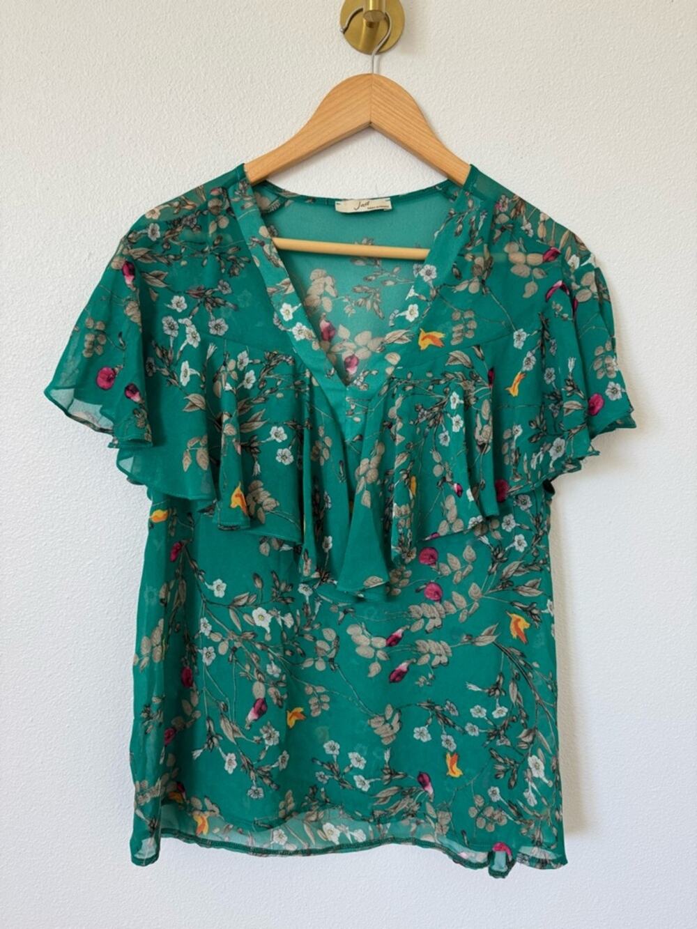 Jad Made in France Teal Green Floral V-Neck Flutter Sleeve Sheer Ruffle Blouse